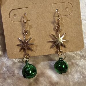 Gold Star and Green Bell Earrings